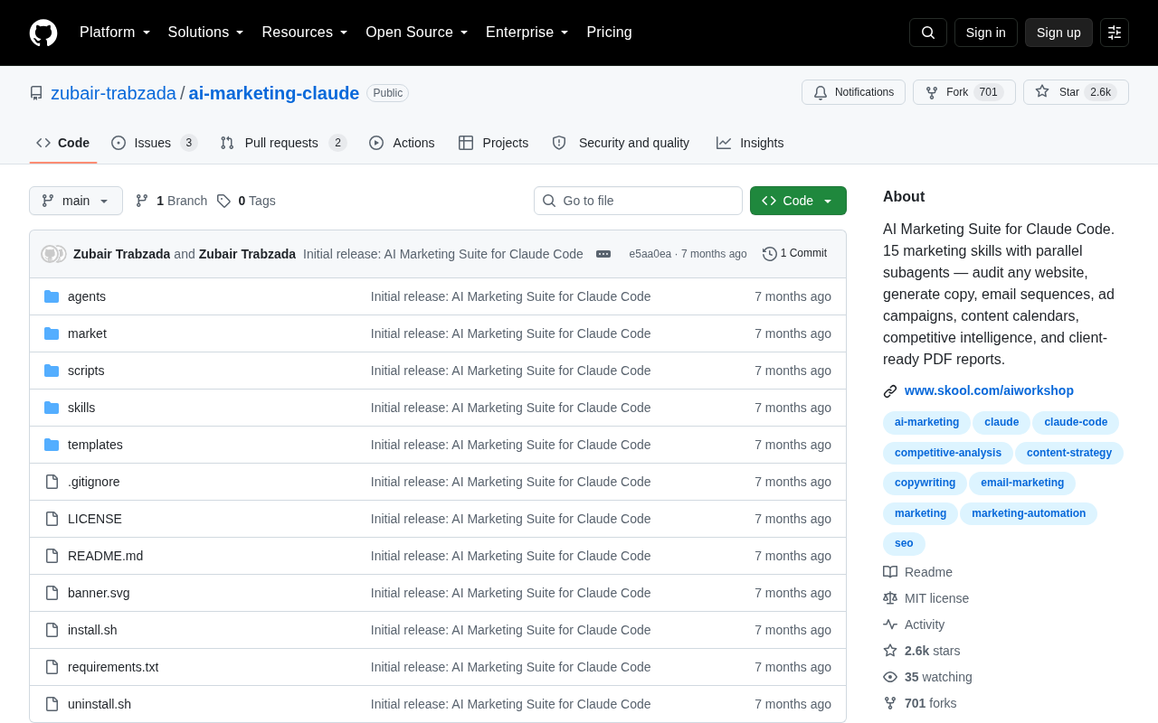 Screenshot of the AI Marketing Suite homepage
