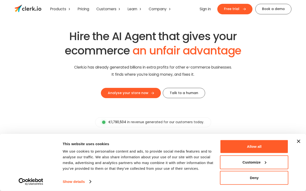 Screenshot of the Clerk.io homepage