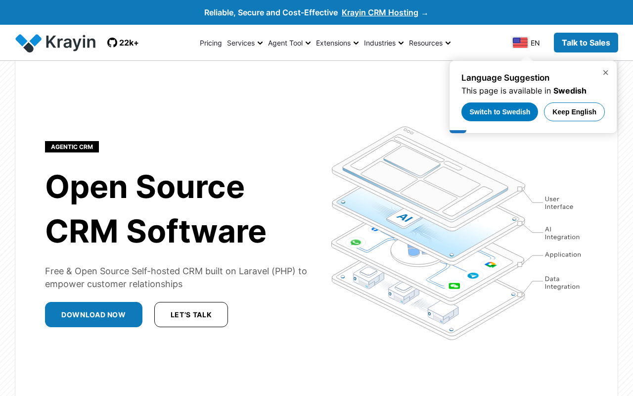 Screenshot of the Krayin CRM homepage