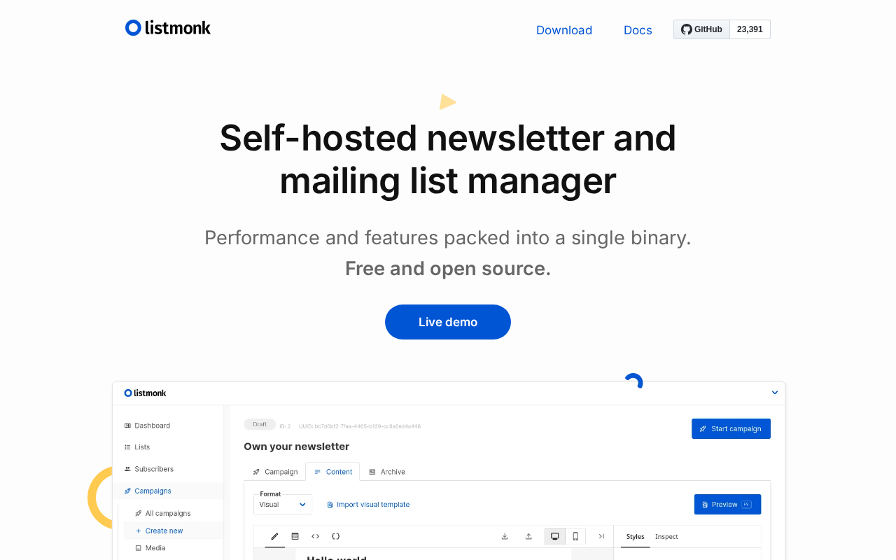 Screenshot of the Listmonk homepage