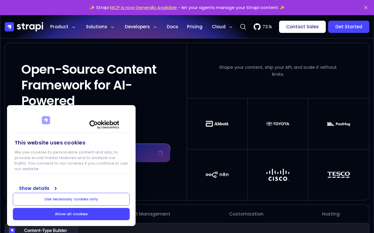 Screenshot of the Strapi homepage
