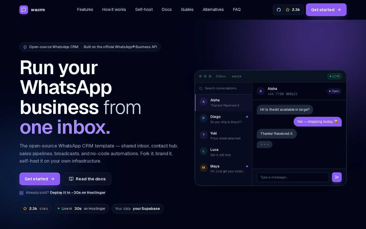 Screenshot of the WaCRM homepage